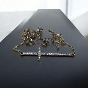 Gold and Silver Horizontal Cross Necklace with Sparkling Accents